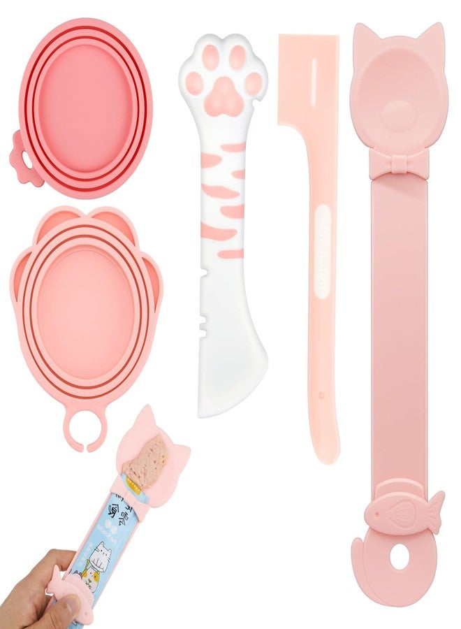 Aecsze 5 PCS Cat Food Can Covers Lids Set, Silicone Pet Food Can Lids with Multi-Function Cat Food Spoon and Opener, Cat Food Squeezer, Cute Wet Food Spoon for Cats and Dogs - Image 1